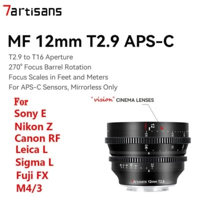 7Artisans 12mm T2.9 Vision APS-C Cinema Lens for Fuji FX/ E/ RF/ Z/ M43/ L Mount - Image 1 of 4