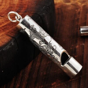 Pure S925 Sterling Silver Men Gift Lucky Carved Dragon Pattern Whistle Pendant - Picture 1 of 4