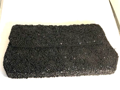 Bolso sin asas de noche vintage negro con cuentas y lentejuelas de seda excelente estado Foto 1 de 4