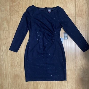 Vince Camuto Navy Sparkle Long Sleeve Ruched Dress Women’s Size 12 Wedding Guest - Picture 1 of 7