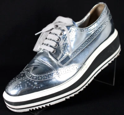 PRADA Metallic Silver Patent Leather Striped Foam Platform Oxfords 38 - Image 1 of 4