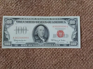 1966 $100 ONE HUNDRED DOLLAR LOW NUMBER BANKNOTE, CU/GEMU, RED SEAL - Picture 1 of 11