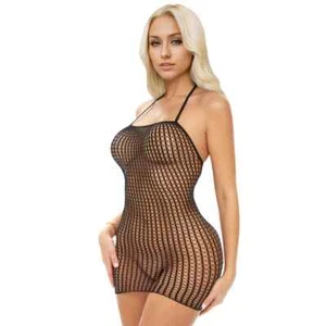 Electric Lingerie Tie Top Fishnet Mini Dress Black O/S - Picture 1 of 3