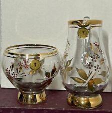Vintage Made In Romania Handpainted Floral Glass Milk / Cream Jug And Sugar Bowl