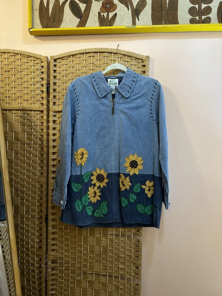 Vtg Blue Suede Jacket w/ Sunflowers Sz Small The Quaker Factory Embroidered - Image 1 of 4