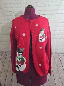 Vintage Weihnachtspullover Gr. Lg rot Oma Urlaub Pailletten Schneemann Strick Ugly Sweater - Bild 1 von 10
