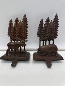 2 porta calze natalizie vintage metallo pesante marrone rustico alberi renna orso - Foto 1 di 10