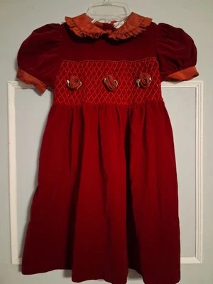 天鹅绒勃艮第连衣裙缩褶玫瑰女孩尺寸 6 复古 Cottagecore — 第 1/4 张图片