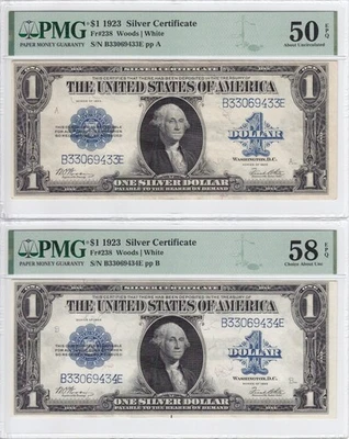 Consecutive Pair of 1923 $1 Silver Certificate Notes FR#238 PMG AU 50 & 58 EPQ - Image 1 of 4