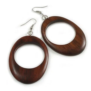 Brown Oval Wooden Hoop Earrings - 80mm Long (Possible Natural Irregularities) - Picture 1 of 6