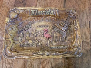 Vintage Florida Souvenir Holzimitat Schale Rechteck Flamingo Miami St Pete Pfeil - Bild 1 von 3