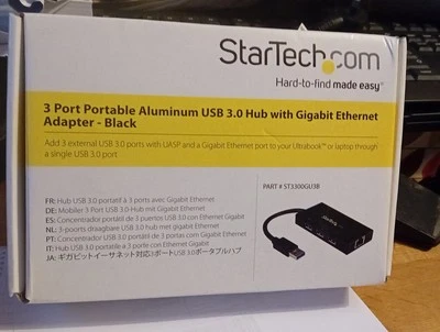 StarTech 3 Port Aluminium USB 3.0 Hub Gigabit Ethernet Adapter ST3300GU3B New  - Image 1 of 3