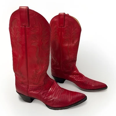 Justin Boots Women’s Red Leather Lizard Pointed Toe Western Boots Size 10 USA - Image 1 of 4