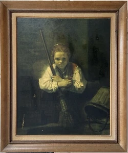Antique Oil Painting Replica - Child with Broom, 20.5” x 24.5”, Wooden Frame - Picture 1 of 13