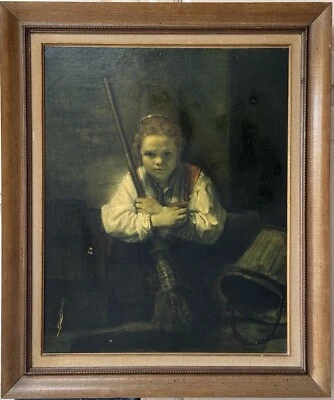 Antique Oil Painting Replica - Child with Broom, 20.5” x 24.5”, Wooden Frame - Image 1 of 4