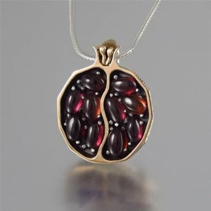 Gold Pomegranate Pendant Necklace Garnet Gemstone Fruit Jewelry Gift - Picture 1 of 10