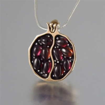 Gold Pomegranate Pendant Necklace Garnet Gemstone Fruit Jewelry Gift - Image 1 of 4