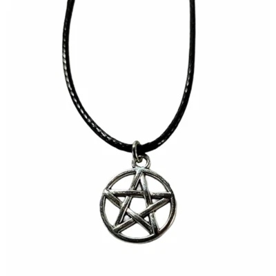 Collana Pentacolo Contro Malocchio con ciondolo Stella Wicca Argento Corda Nero - Immagine 1 di 4