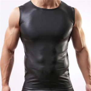 Men's Faux Leather Undershirt Round Wide Shoulder Sleeveless Black Summer