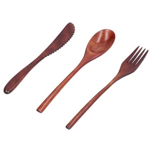 3Pcs/Set Messer Gabel Und Löffel Holz Tragbares Besteck Dessertgeschirr Für - Bild 1 von 11