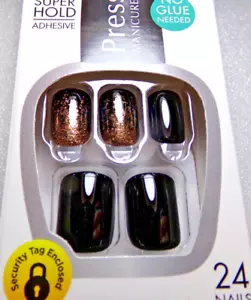 Kiss Press On Nails Shiny Black with Copper Glitter Accents Short - Picture 1 of 4