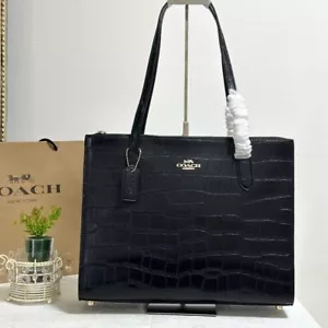 COACH Nina Tote Shoulder Bag CL654 Black Crocodile Embossed Leather Outlet NEW - Picture 1 of 9