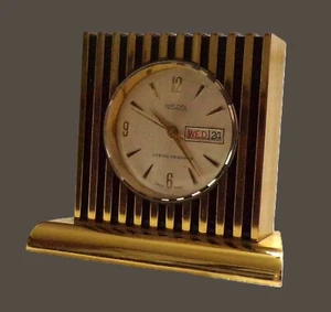 Vintage Brass Mazal Desk Clock, Manual Wind-Up, 1 Jewel,  Swiss Made, Runs - Picture 1 of 8