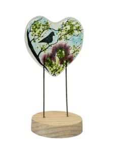 Handmade Fused Glass Standing Wooden Base Blackbird Scottish Thistle Love Heart - Picture 1 of 1