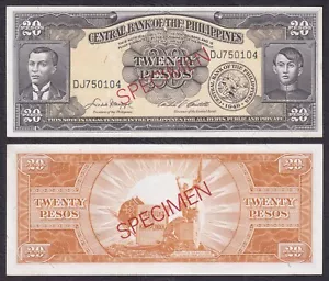 Philippines 20 Pesos English Series SPECIMEN Macapagal - Castillo Banknote - Picture 1 of 4