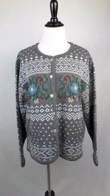 Vintage 80s Tally Ho Cardigan Sweater Button Front Nordic Pattern Womens Sz L  - Image 1 of 4