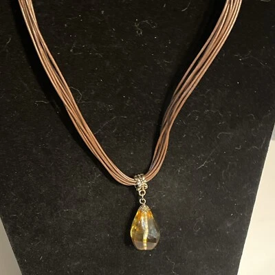 Lia Sophia Amber Color & Gold-tone Pendant w/ Brown Cord Necklace - Image 1 of 4