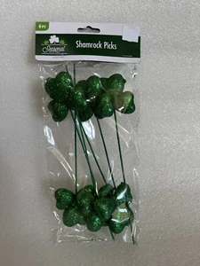Saint Patrick’s Day 9” Green Glitter Shamrock Picks Floral Wreath Crafts 6 pcs - Picture 1 of 3