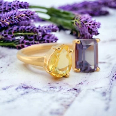 14k Yellow Gold 8x6 MM Emerald Cut Natural Alexandrite Citrine Adjustable Ring - Image 1 of 4