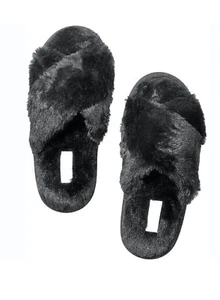 Victoria's Secret Pink Faux Fur Soft Furry Criss Cross Black Slippers S Small - Picture 1 of 3
