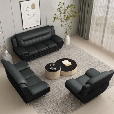 NEW Black 3PC Sofa Loveseat Chair Leather Gel Contemporary Modern Living Room - Image 1 of 4