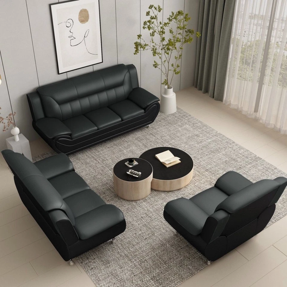 NEW Black 3PC Sofa Loveseat Chair Leather Gel Contemporary Modern Living Room - Image 1 of 4