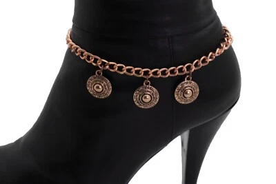 Women Rose Gold Color Metal Chain Boot Bracelet Anklet Shoe Ethnic Coin Charm - Image 1 of 4