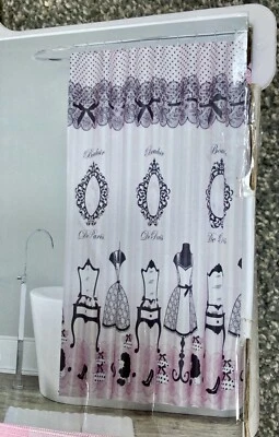 PARIS Retro Boudoir Fashion Girly Fabric Shower Curtain 70x72 Pink Striped Black - Image 1 of 3