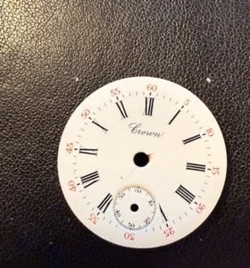 VTG Antique Crown Pocket Watch Dial Enamel White Black Roman Numerals Subdial - Picture 1 of 2