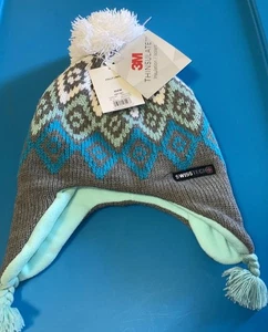 SWISS TECH Peruanische Strick Wintermütze mit Ohrenklappe Thinsulate Blau Puff Ball Top - Bild 1 von 3