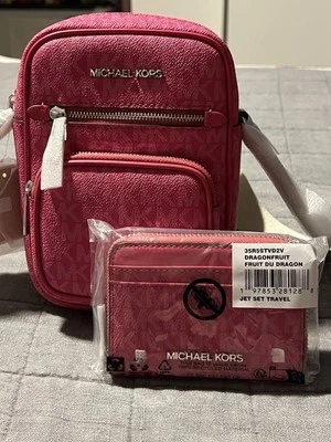 MICHAEL KORS JET CROSSBODY FLIGHT BAG Wallet Set Lot NWT $398+ Hot Pink Summer - Image 1 of 4