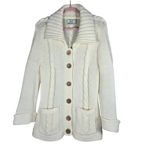 Vintage Kmart Cardigan Sweater Women Large Cream Fisherman Cable Knit Korea 70s - Picture 1 of 11