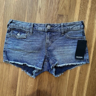 True Religion Women’s Joey Cut-Off Denim Shorts Size 27 Low Rise Frayed Hem NWT - Image 1 of 4