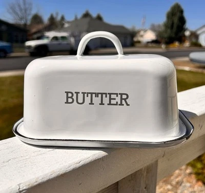 Фермерский дом эмалированная посуда покрытый масло блюдо белый черный отделка большой - Изображение 1 из 4