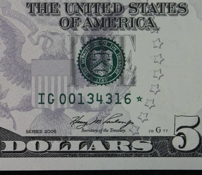 LOW PRINT $5 2006 GEM CU Star Federal Reserve Note IG00134316* five dollar Run 1 - Image 1 of 3