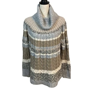 LOFT Grobstrickpullover Zopfmuster Wasserfallausschnitt hellbraun grau Größe 16/18 - Bild 1 von 7