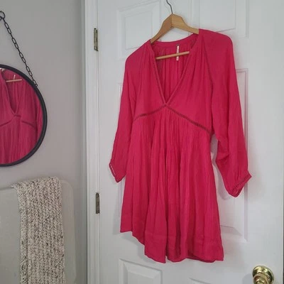 Vestido Free People Crochet Mini Columpio Talla XS Rosa Caliente Fluido Boho Playa Viaje Foto 1 de 4