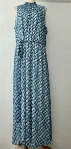 Calvin Klein Dress 22W Maxi Lined Blue Geo Rushed High Neck Self Belt Sleeveless - Picture 1 of 23
