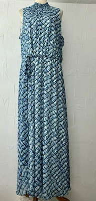 Calvin Klein Dress 22W Maxi Lined Blue Geo Rushed High Neck Self Belt Sleeveless - Image 1 of 4