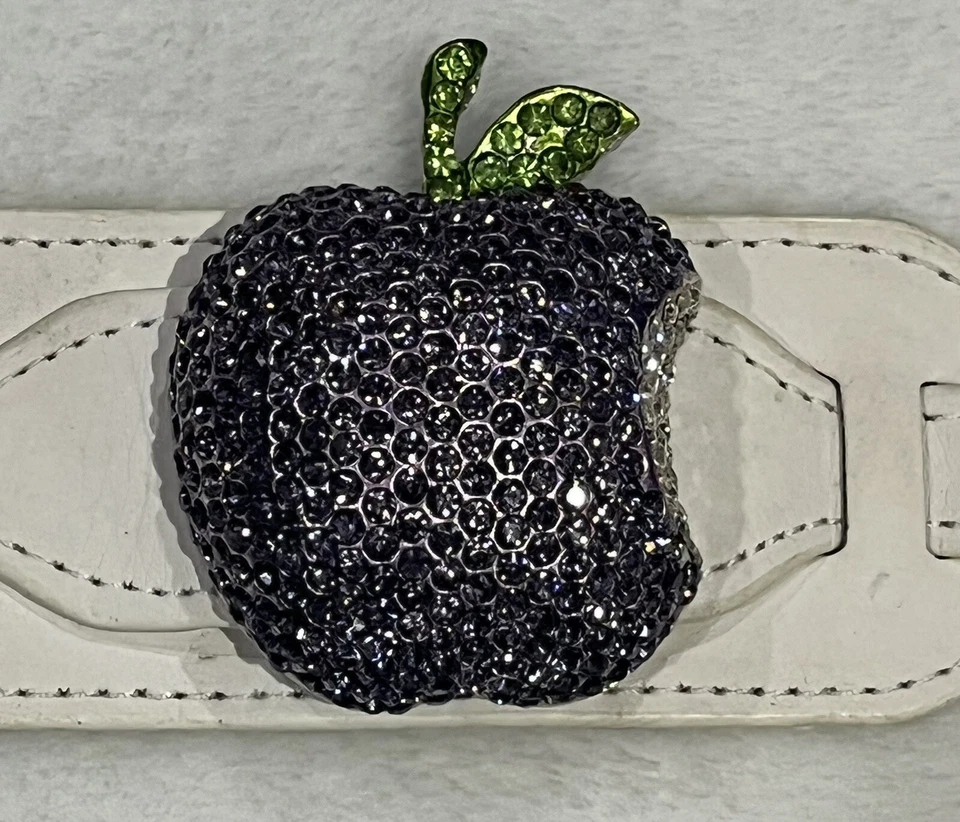 White Leather Wrist Band With Purple Chrystal rhinestone apple Gorgeous!! - Image 1 of 4